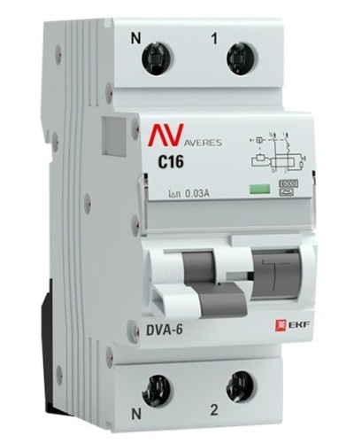 DVA-6 1P+N 16А (C) 30мА (A) 6кА  AVERES (rcbo6-1pn-16C-30-a-av). Автоматический выключатель дифференциального тока. EKF в Севастополе